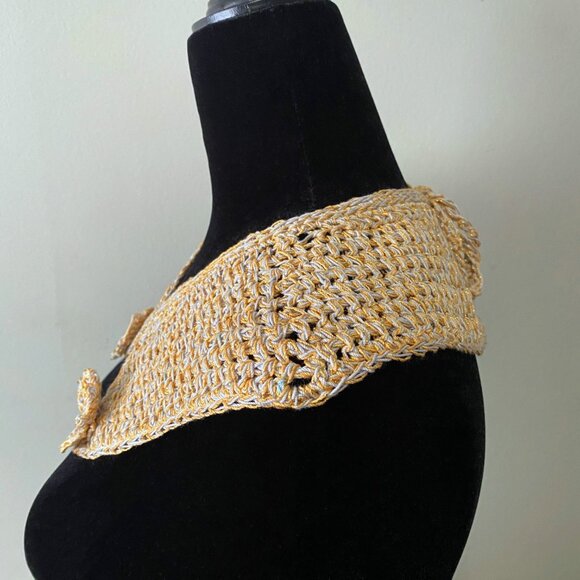 Handmade Crochet Gold Grey Cotton Mohair Holiday Collar Neckwear Accessory - Picture 2 of 7